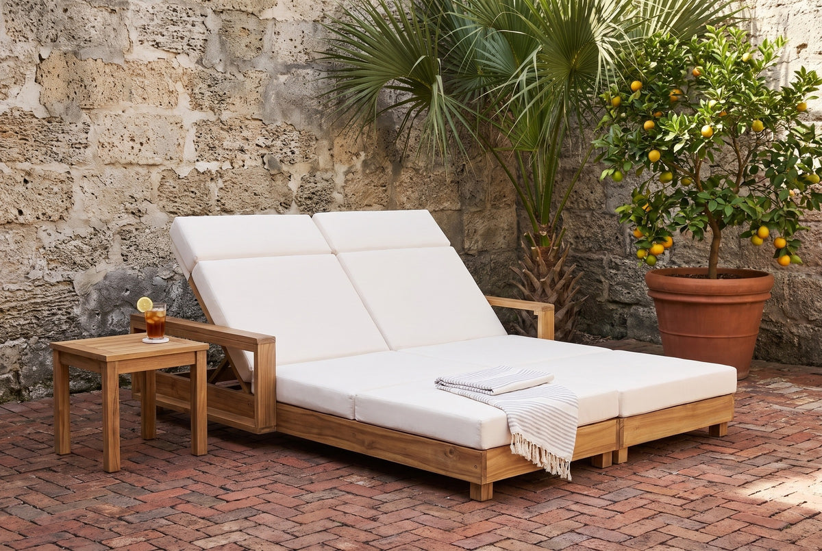 Lampedusa double chaise lounge in a St. Augustine courtyard with an old coquina shell-stone wall, a brick floor, a palm and a potted citrus tree (side table and towel not included)