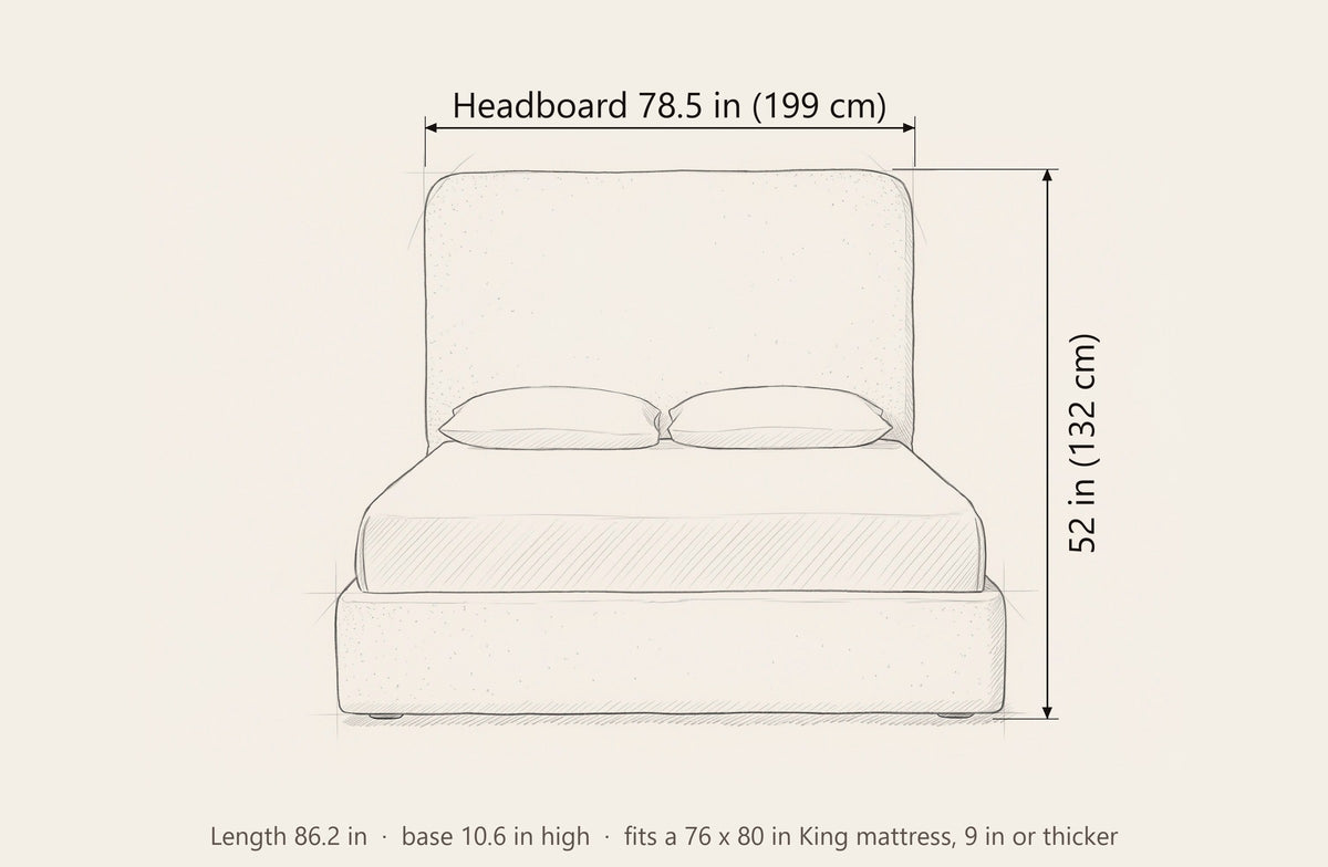 Lanciano bed dimensions: 78.5 in wide at the headboard, 52 in high, 86.2 in long, base 10.6 in high