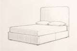 Pencil sketch of the Lanciano bed with a mattress and two pillows, drawn from the same three-quarter view
