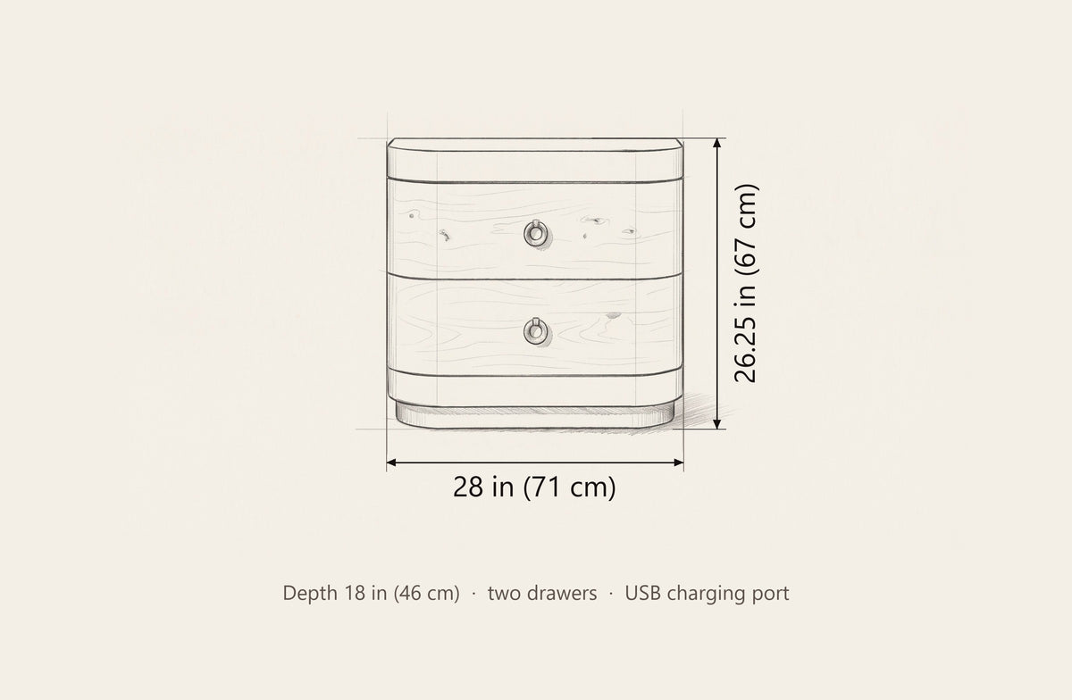 Lanusei nightstand dimensions: 28 in wide, 26.25 in high, 18 in deep
