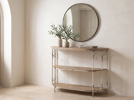 Latiano Fir and Scrolled Iron Three-Tier Console Table under a round mirror in a travertine entryway