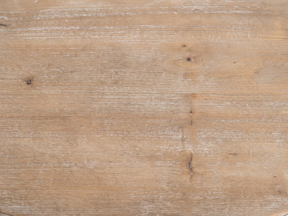 Close-up of the Latiano Fir and Scrolled Iron Three-Tier Console Table: the washed natural grain of the fir top