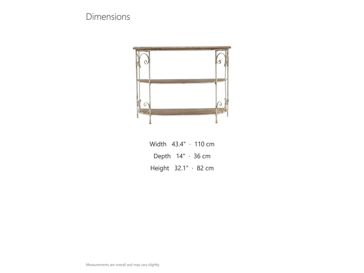 Latiano Fir and Scrolled Iron Three-Tier Console Table dimensions: 43.4 in wide, 14.0 in deep, 32.1 in high