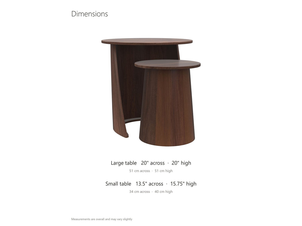 Laurenzana Dark Brown Mango Nesting Side Tables, Set of 2 dimensions: large table 20 in across and 20 in high, small table 13.5 in across and 15.75 in high