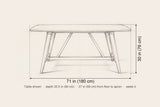 Lavello table dimensions: 71 in long, 30 in high, 35.5 in deep, 27 in from floor to apron