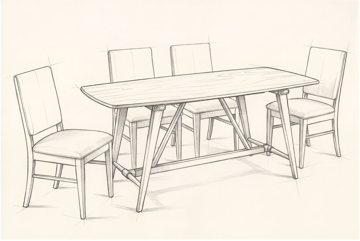 Pencil sketch of the Lavello dining set, drawn from the same three-quarter view
