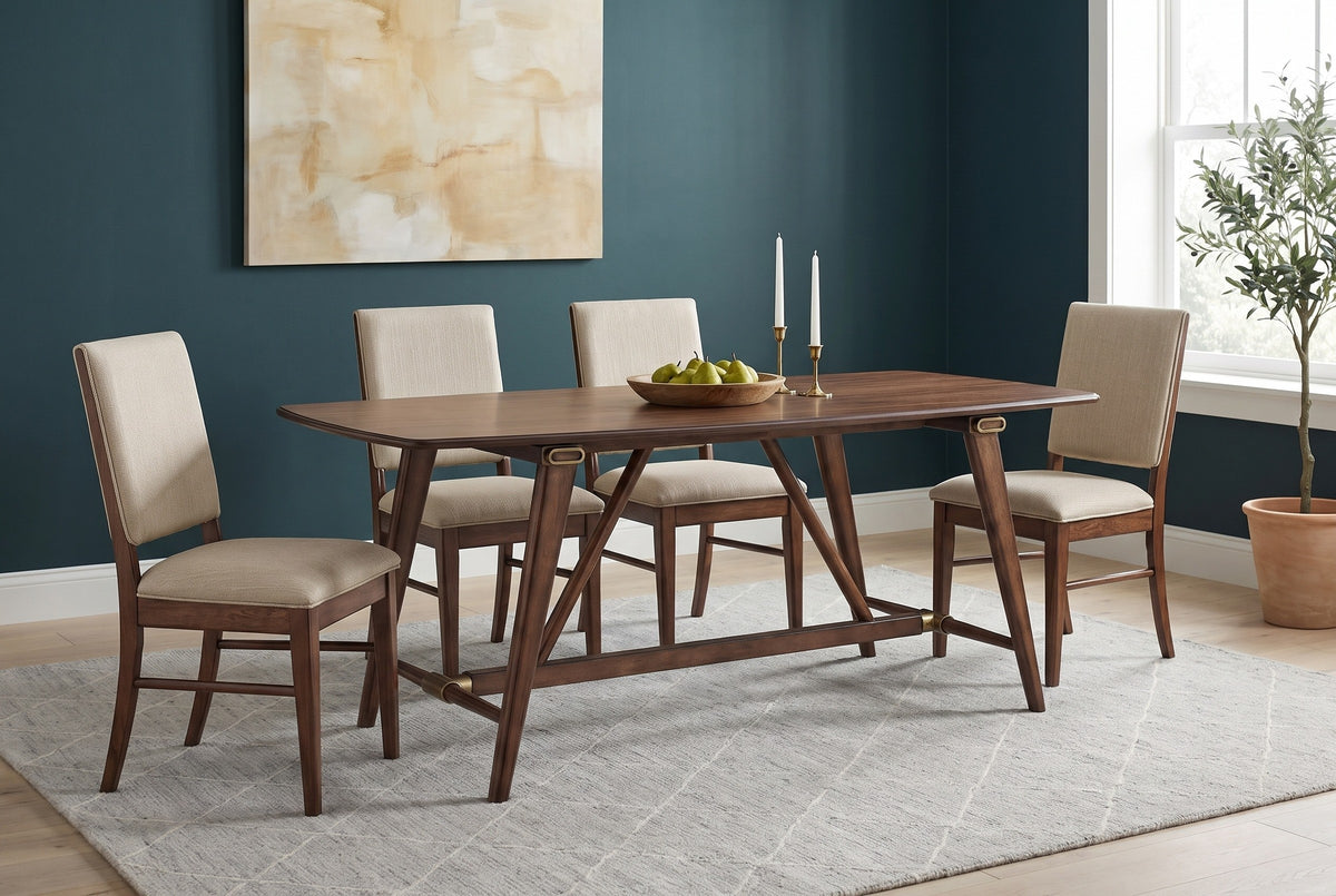 Lavello walnut trestle dining table with four upholstered chairs against a deep teal wall in a Portland craftsman dining room with pale oak floors