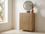 Lazise 38-Inch Sand Wash 5-Drawer Chest under a round bronze mirror in a villa bedroom