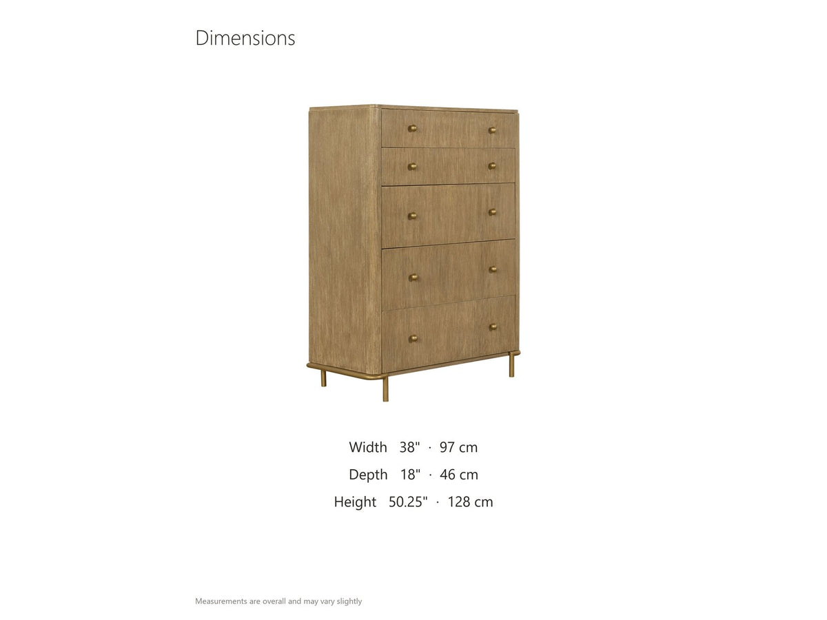 Lazise 38-Inch Sand Wash 5-Drawer Chest dimensions: 38.0 in wide, 18.0 in deep, 50.25 in high