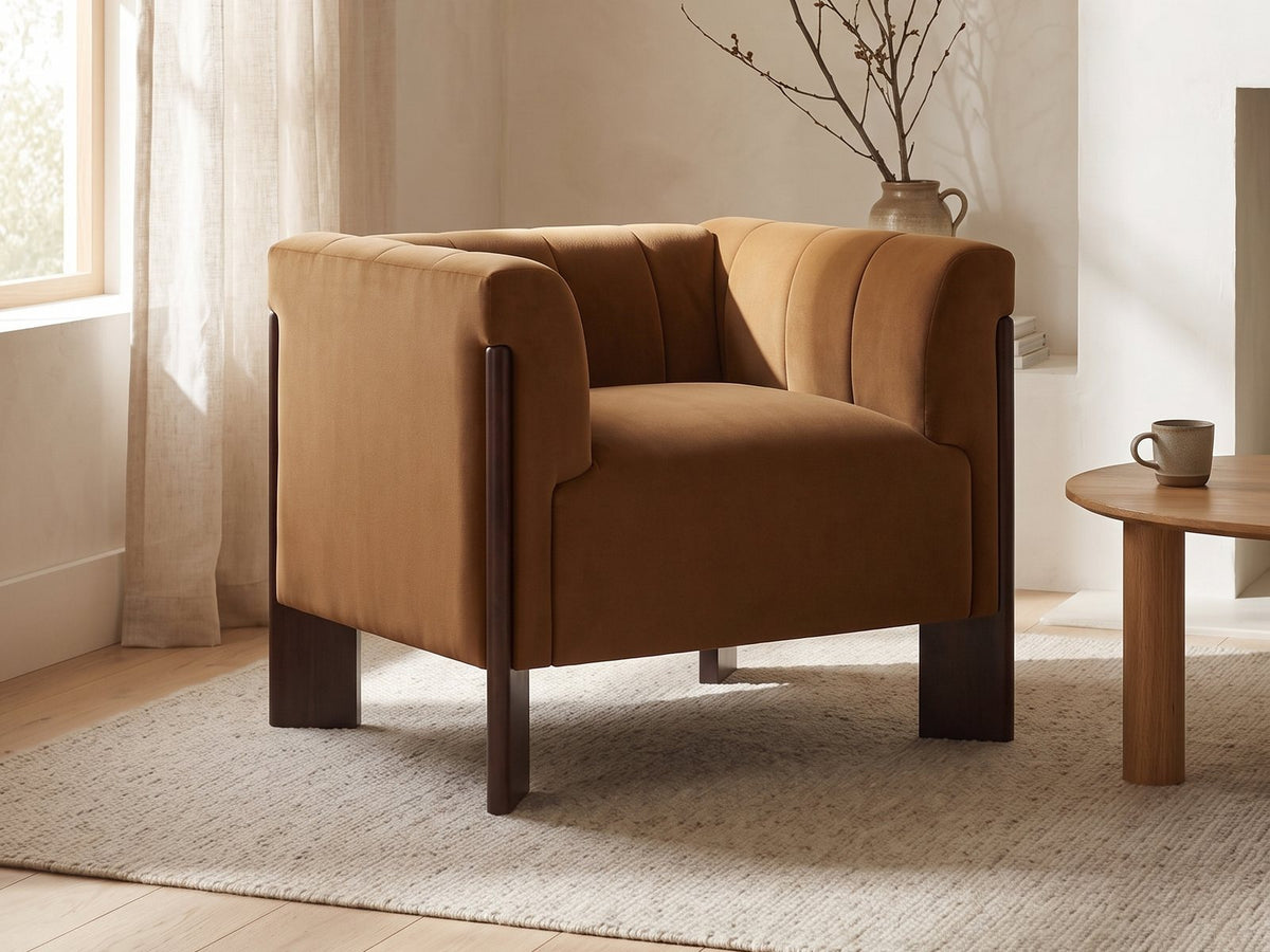 Lecce Channel Velvet Armchair in a sunlit room