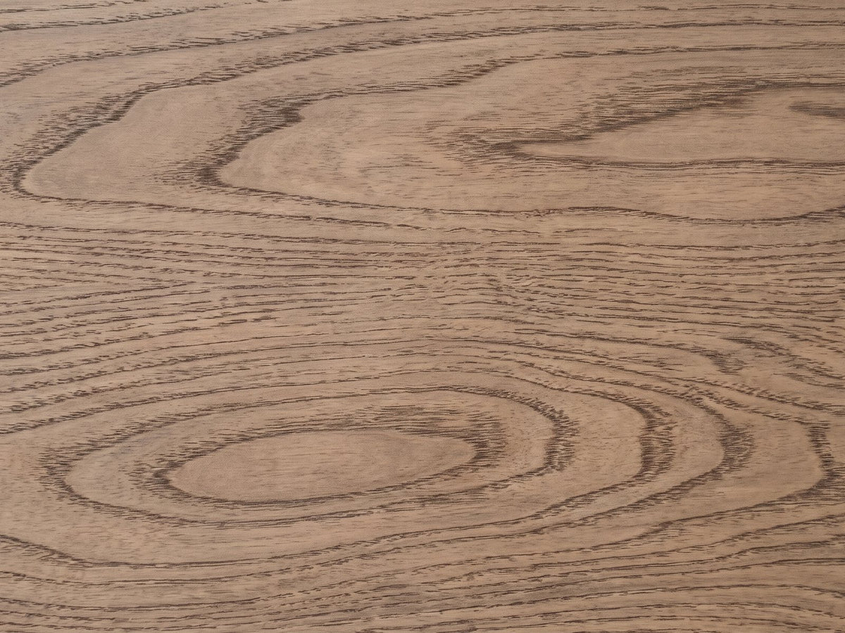 Close-up of the Lendinara 66-Inch Latte Elm 6-Drawer Dresser: the cathedral grain of the latte elm veneer