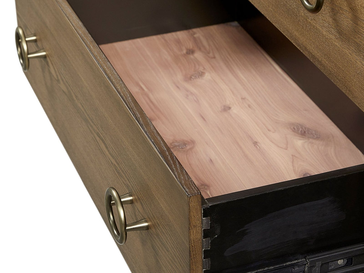 Close-up of the Lendinara 66-Inch Latte Elm 6-Drawer Dresser: cedar