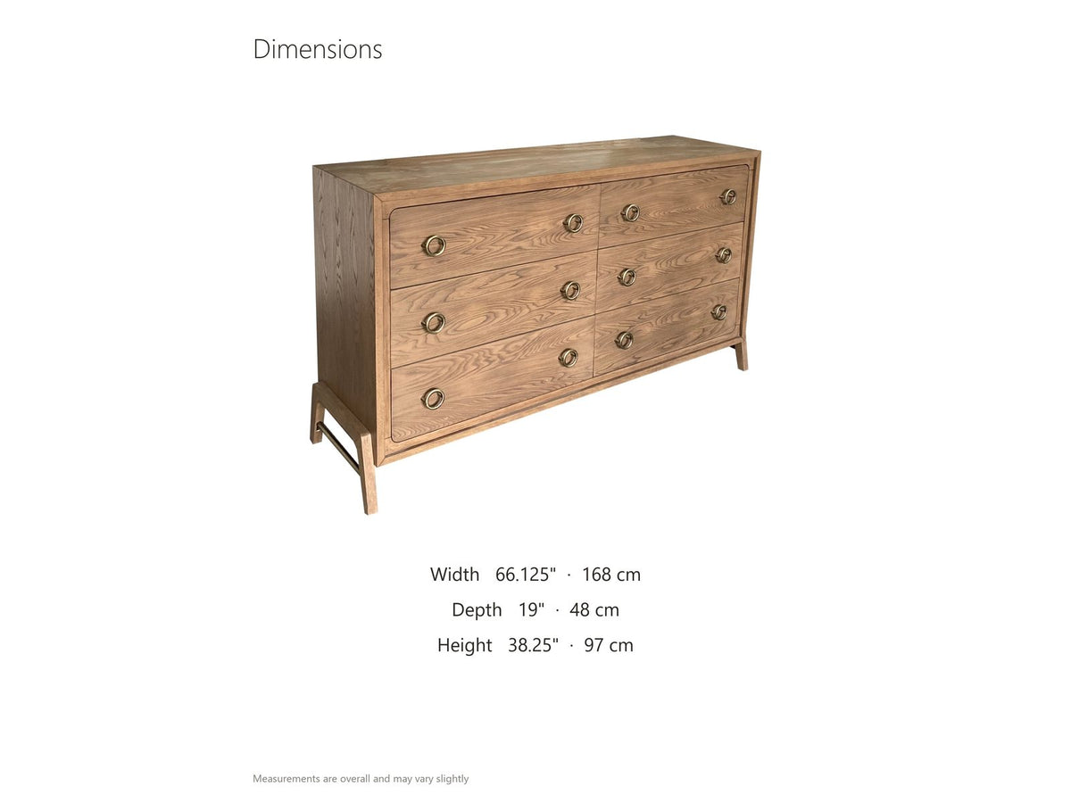 Lendinara 66-Inch Latte Elm 6-Drawer Dresser dimensions: 66.125 in wide, 19.0 in deep, 38.25 in high