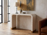 Leporano Capiz Shell Waterfall Console Table against a plaster wall in an industrial loft
