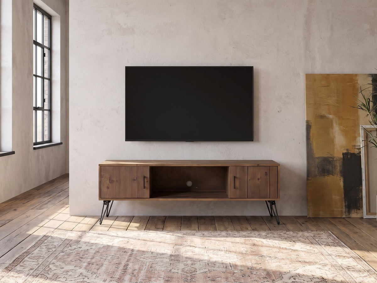 Lerici 60-Inch Reclaimed Wood Hairpin Leg Media Console under a wall-mounted screen in an industrial loft