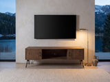 Lerici 60-Inch Reclaimed Wood Hairpin Leg Media Console under a wall-mounted screen in a mountain lake house at dusk