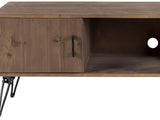 Close-up of the Lerici 60-Inch Reclaimed Wood Hairpin Leg Media Console: a plank door with its black iron bar pull, the case edge and the open bay with its cable hole