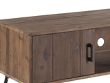 Close-up of the Lerici 60-Inch Reclaimed Wood Hairpin Leg Media Console: the plank top and the vertical-plank end panel in solid reclaimed wood