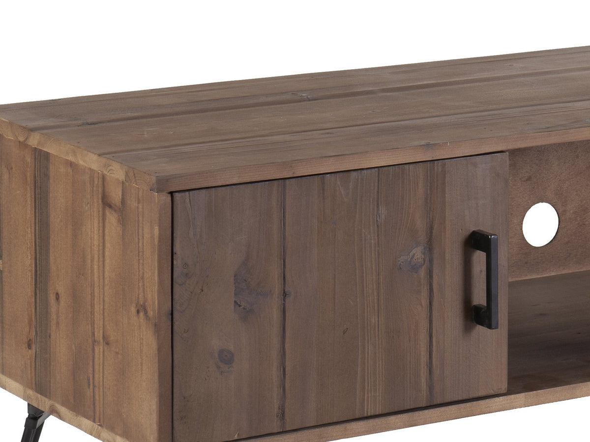 Close-up of the Lerici 60-Inch Reclaimed Wood Hairpin Leg Media Console: the plank top and the vertical-plank end panel in solid reclaimed wood