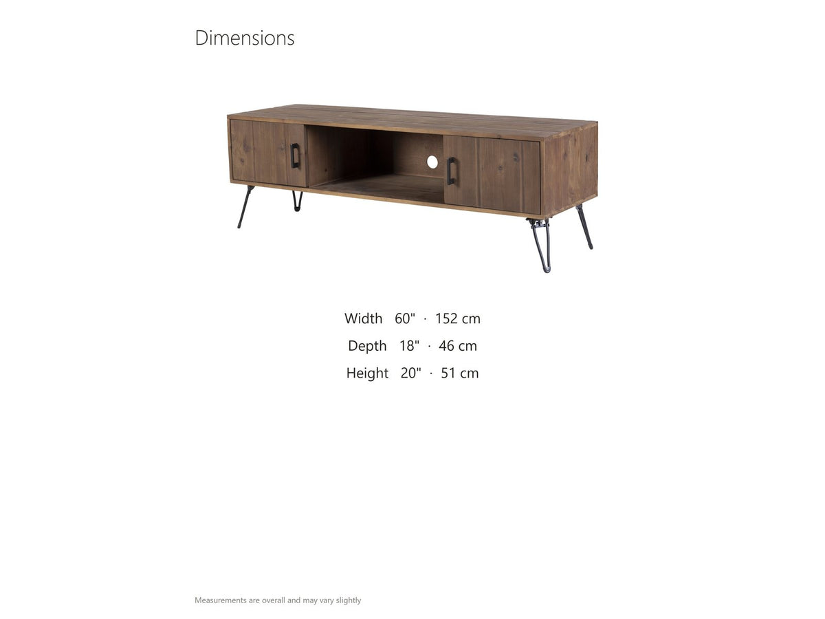 Lerici 60-Inch Reclaimed Wood Hairpin Leg Media Console dimensions: 60 in wide, 18 in deep, 20 in high