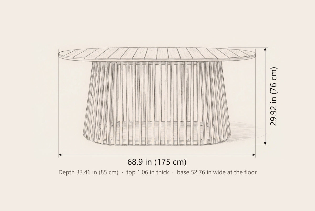 Levanzo oval dining table dimensions: 68.9 in long, 29.92 in high, 33.46 in deep