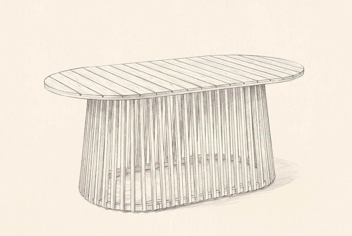 Pencil sketch of the Levanzo oval dining table, three-quarter view