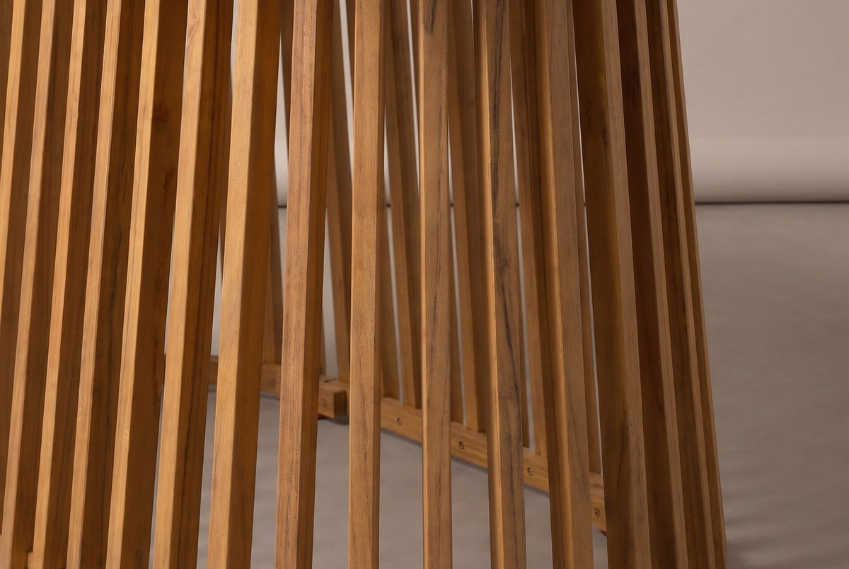 The lower part of the Levanzo base: thin vertical acacia slats flaring out to the oval bottom rim with small feet