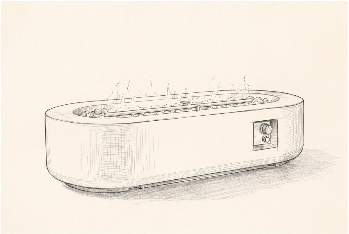 Pencil sketch of the Licata fire pit table, drawn from the same three-quarter view