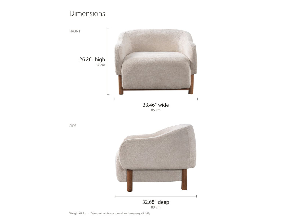 Lido Curved Shell Lounge Chair dimensions: 33.46 in wide, 32.68 in deep, 26.26 in high