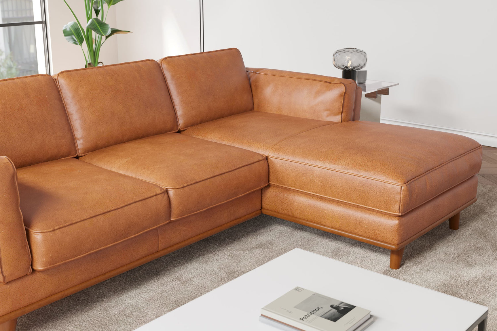 Valencia Artisan Top Grain Leather Three Seats with Right Chaise Leather Cognac Sofa Scene map-2