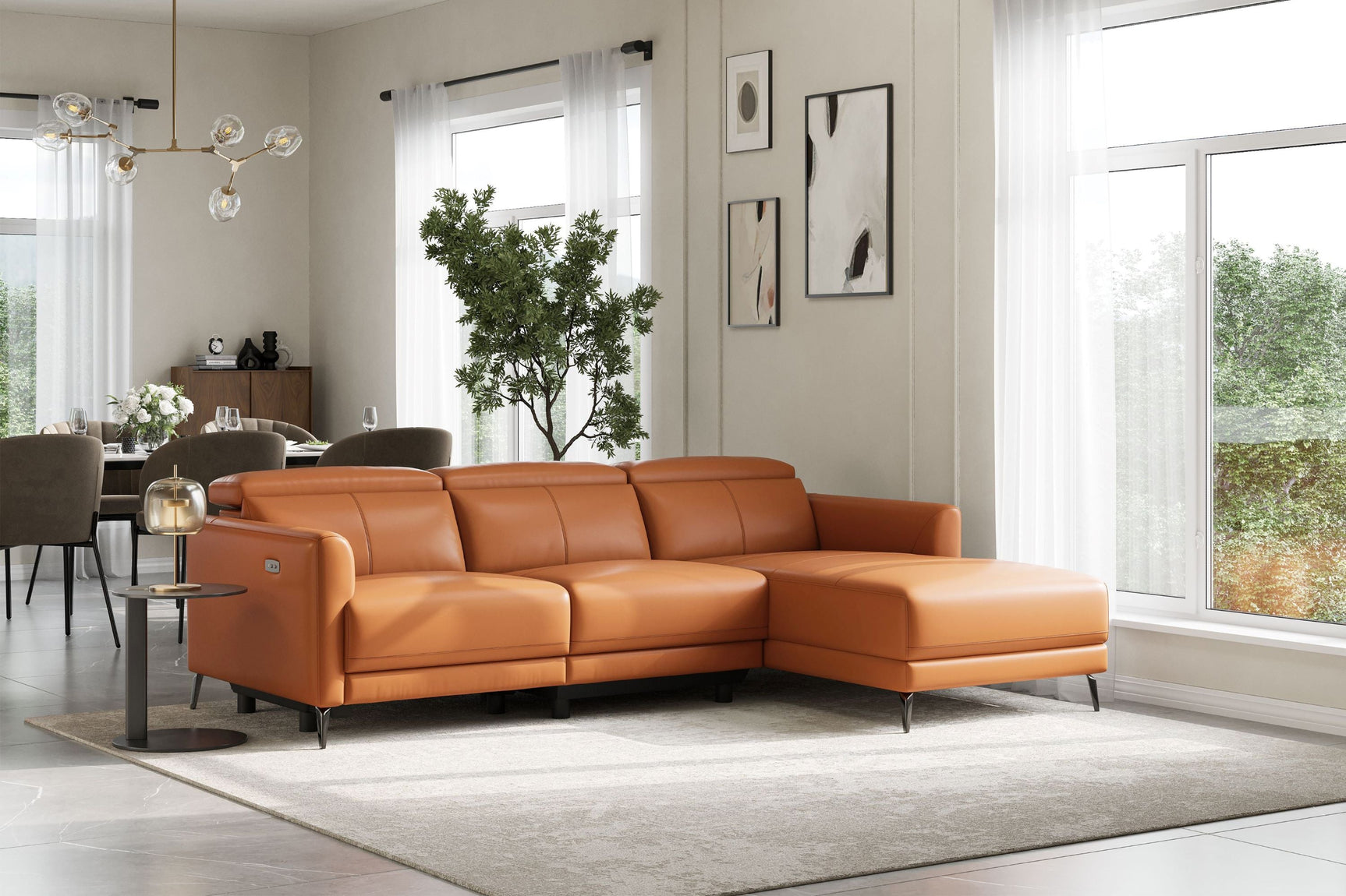 Valencia Andria Cognac Leather Reclining Sectional Sofa | Modern Luxury Scene diagram -1