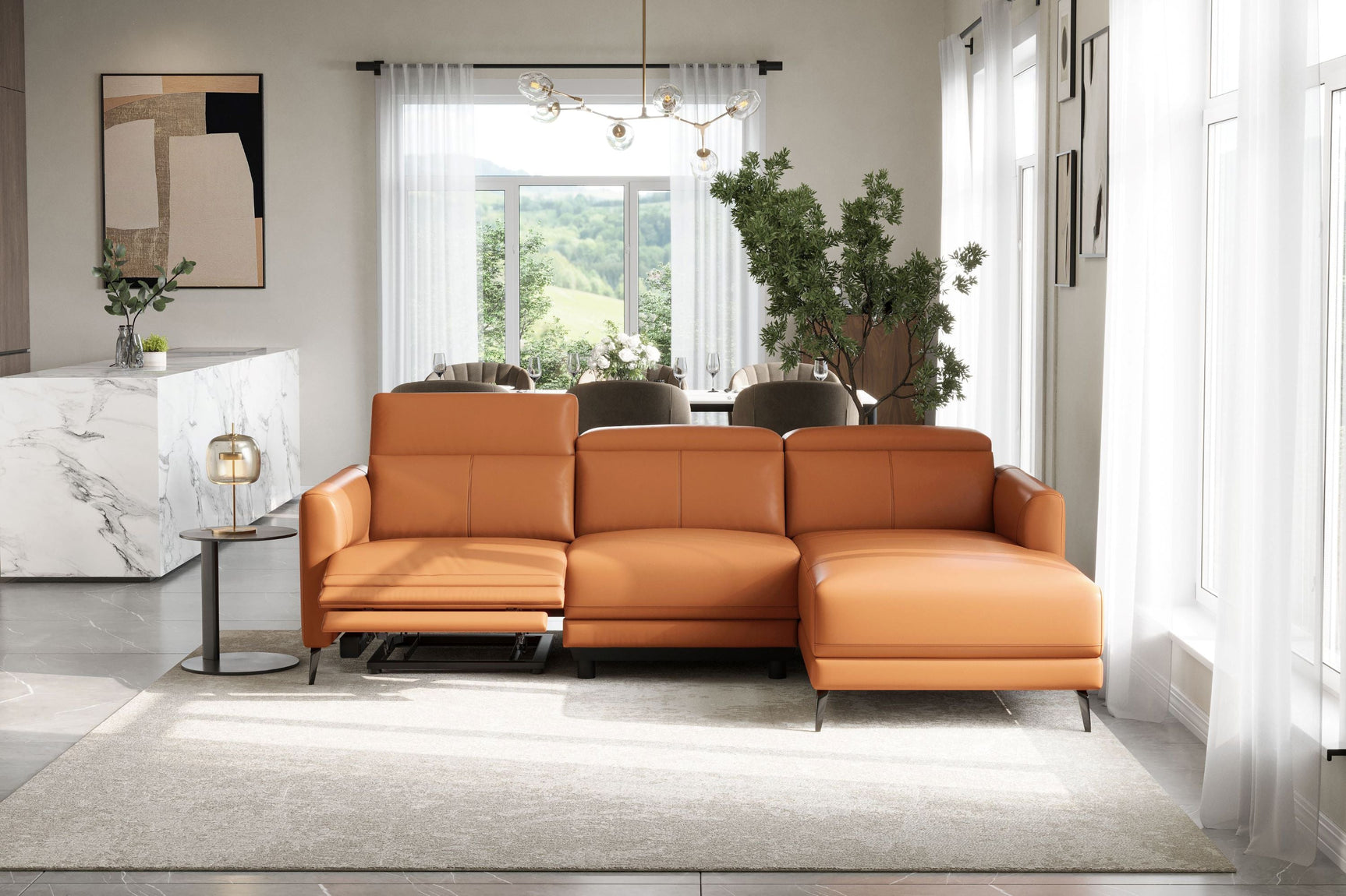 Valencia Andria Cognac Leather Reclining Sectional Sofa | Modern Luxury Scene diagram