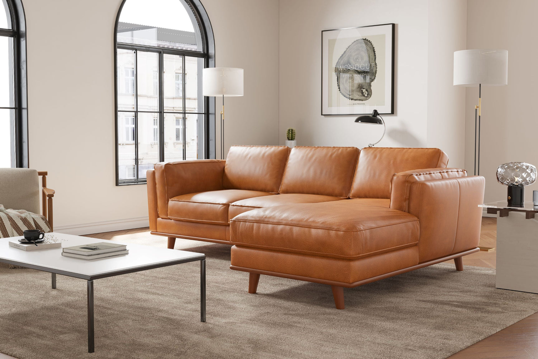 Valencia Artisan Top Grain Leather Three Seats with Right Chaise Leather Cognac Sofa Scene map-1