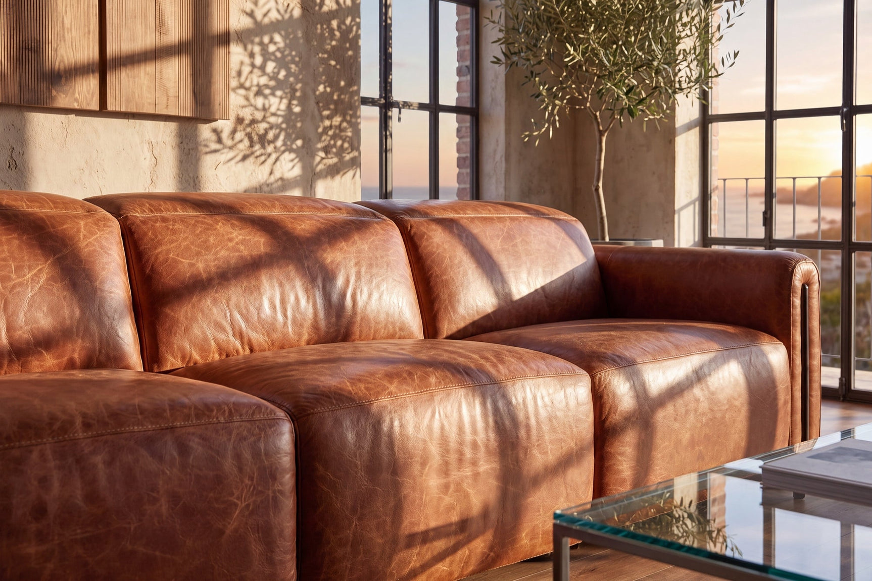 Octavia Distressed Italian Aniline Leather Reclining Corner Sectional Sofa