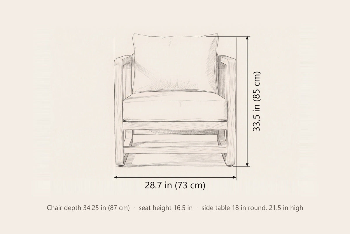 Linosa lounge chair dimensions: 28.7 in wide and 33.5 in high, with the chair depth and side table size below