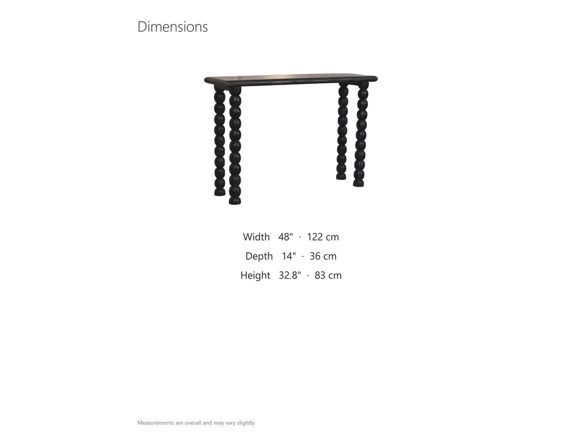 Lizzano Black Mango Wood Bobbin Console Table dimensions: 48.0 in wide, 14.0 in deep, 32.8 in high