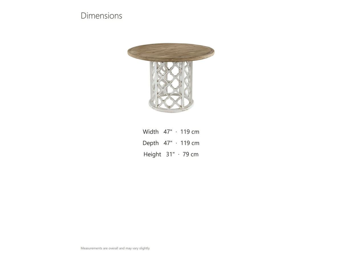 Locri 47-Inch Round Fir Lattice Pedestal Dining Table dimensions: 47 in across and 31 in high