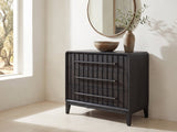 Lonigo 38-Inch Peppercorn 3-Drawer Chest under a round bronze mirror in a villa bedroom