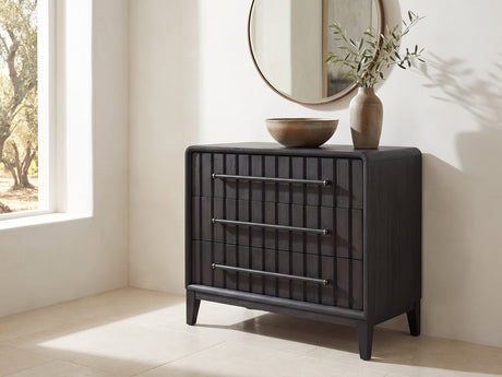 Lonigo 38-Inch Peppercorn 3-Drawer Chest under a round bronze mirror in a villa bedroom