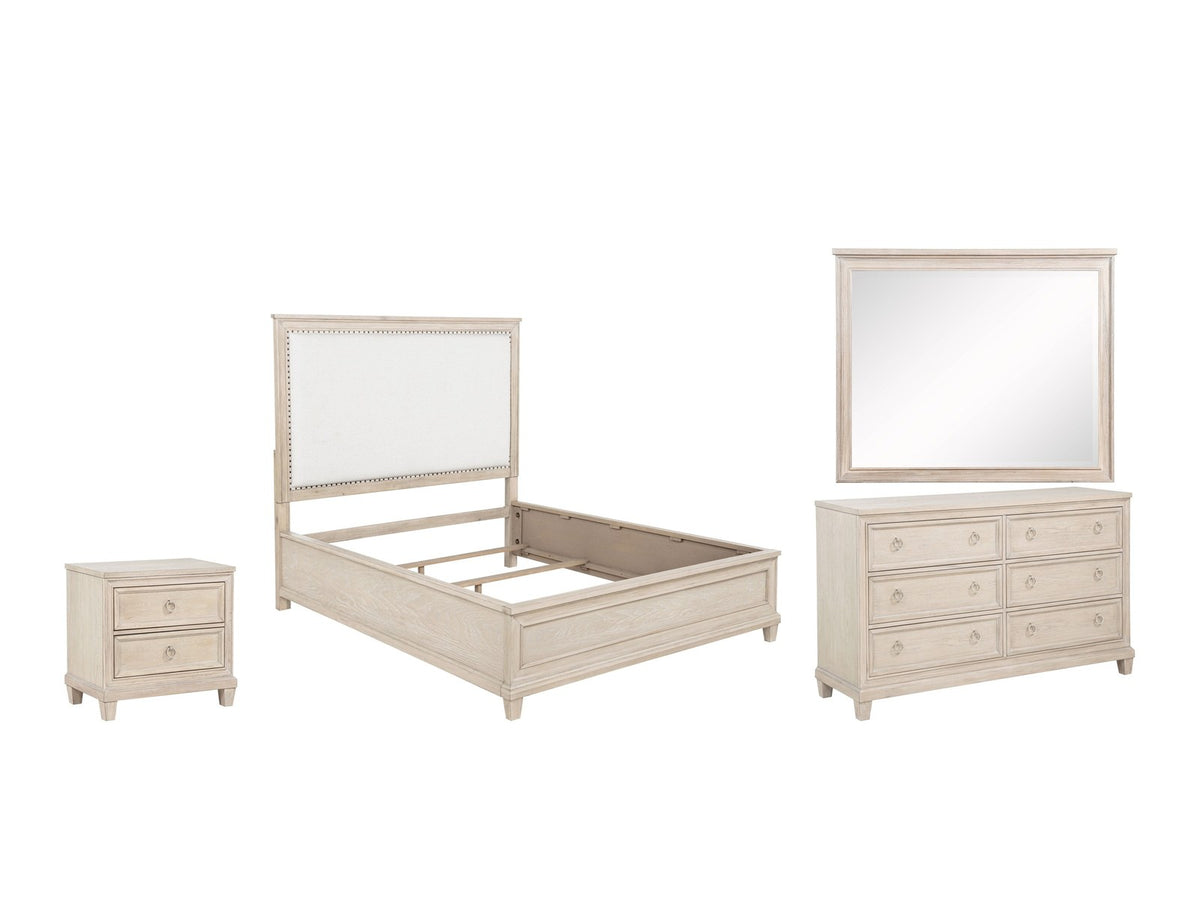 Loreto Washed Oak Upholstered Bedroom Set: What's included