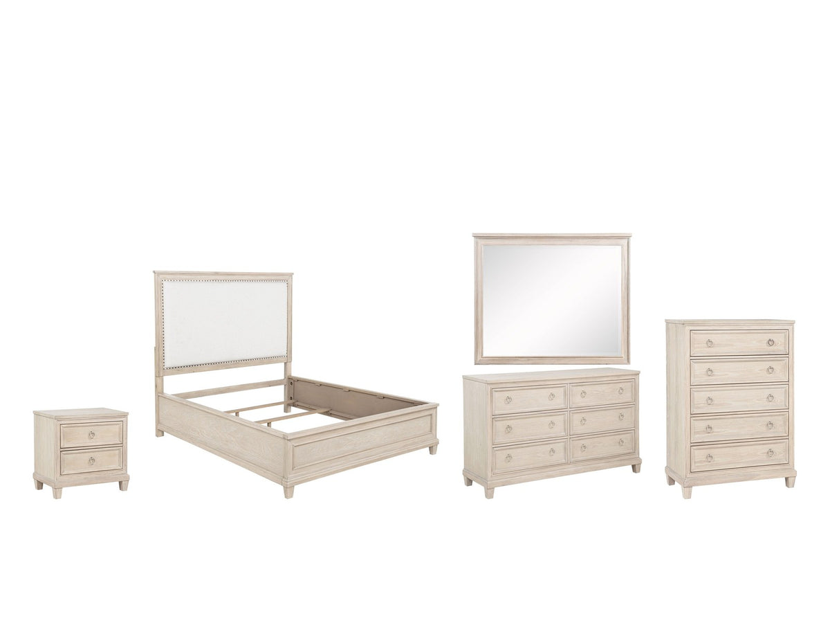 Loreto Washed Oak Upholstered Bedroom Set: What's included, 5-piece