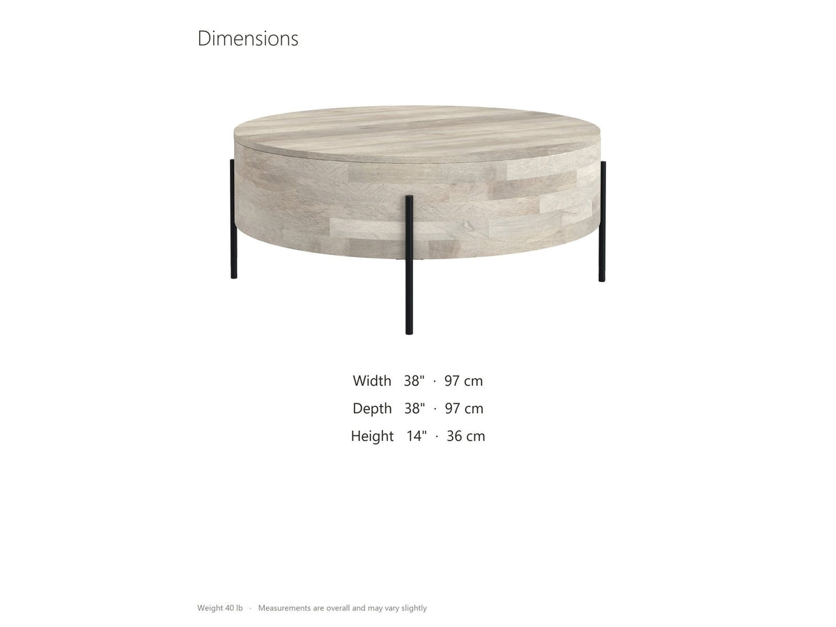 Lucignano Whitewashed Mango Drum Coffee Table dimensions: 38.0 in wide, 38.0 in deep, 14.0 in high