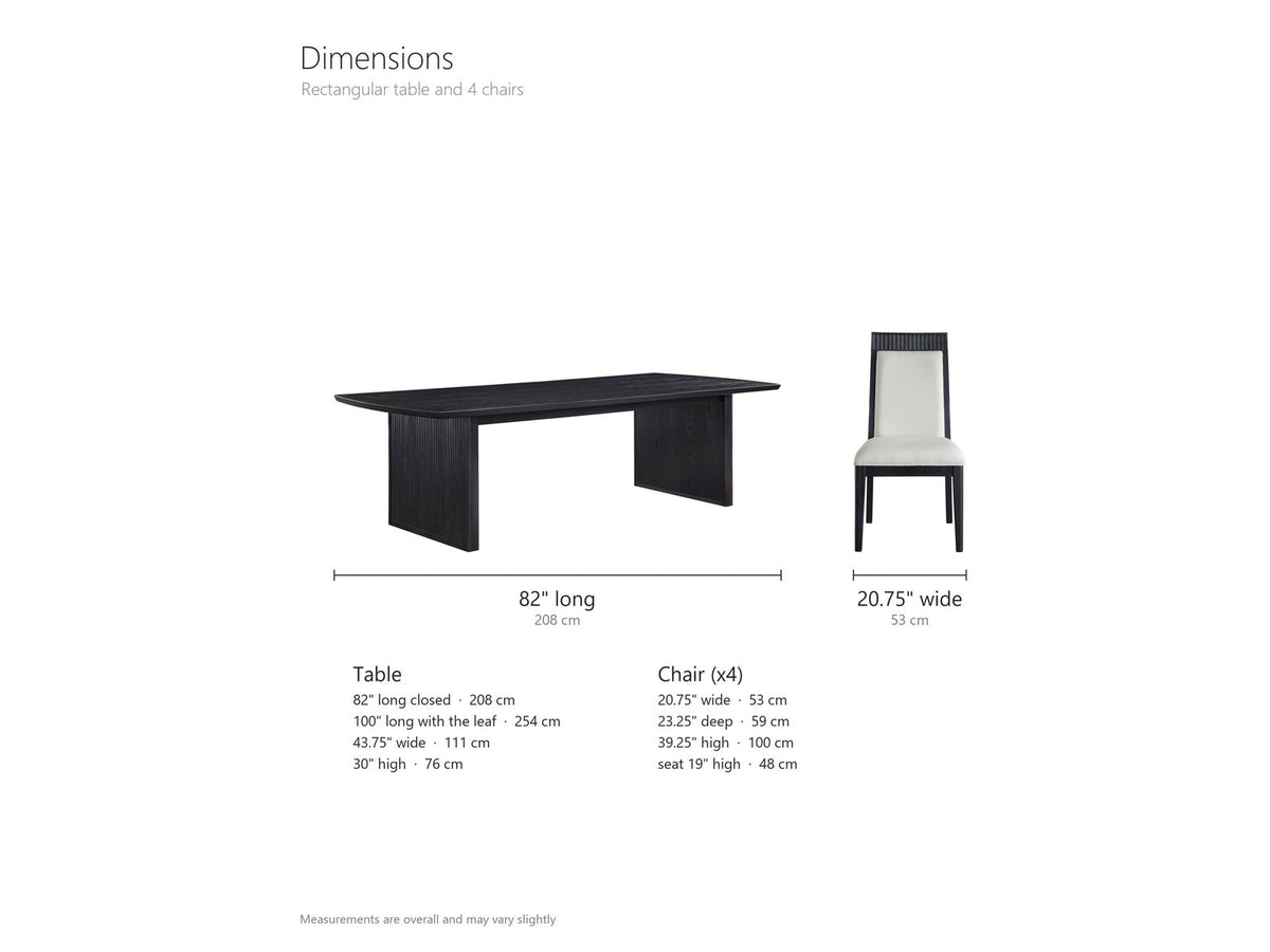 Lungro 82-Inch Reeded Black Oak Extension Dining Set with 4 Chairs dimensions: table 82 in long closed and 100 in long with the 18 in leaf, 43.75 in wide and 30 in high; each chair 20.75 in wide, 23.25 in deep and 39.25 in high, seat 19 in high