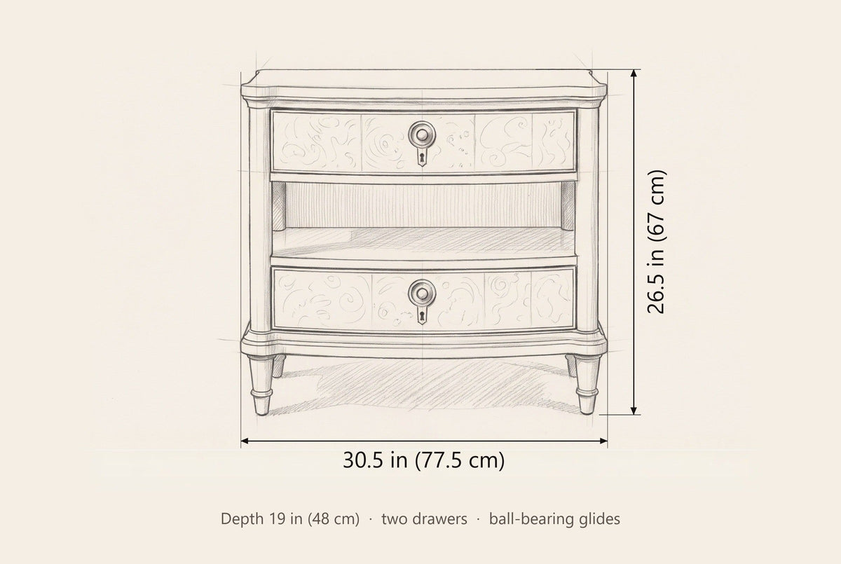Luras nightstand dimensions: 30.5 in wide, 26.5 in high, 19 in deep