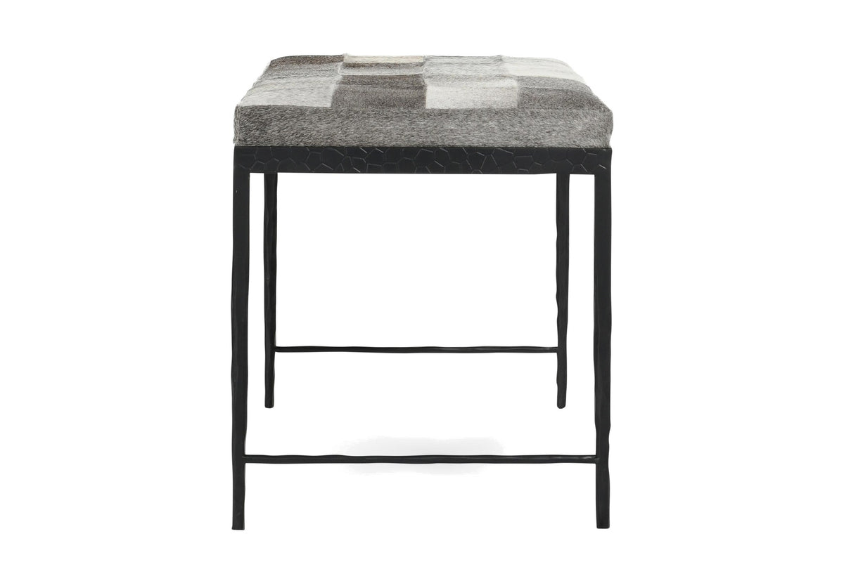 Luzzi 28-Inch Gray Hair-on-Hide Patchwork Iron Bench, Seats 1, side view