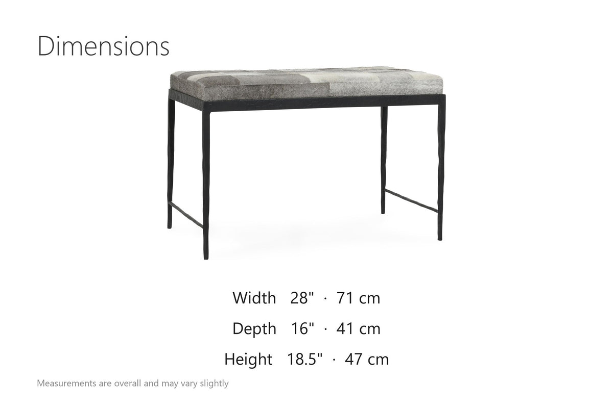 Luzzi 28-Inch Gray Hair-on-Hide Patchwork Iron Bench, Seats 1 dimensions