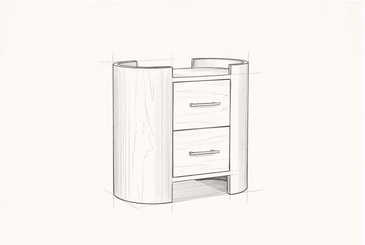 Pencil sketch of the Macomer nightstand, drawn from the same three-quarter view
