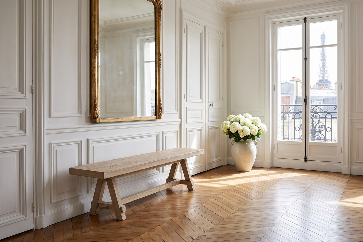 Magisano 72-Inch Reclaimed Elm Trestle Dining Bench in a Paris salon
