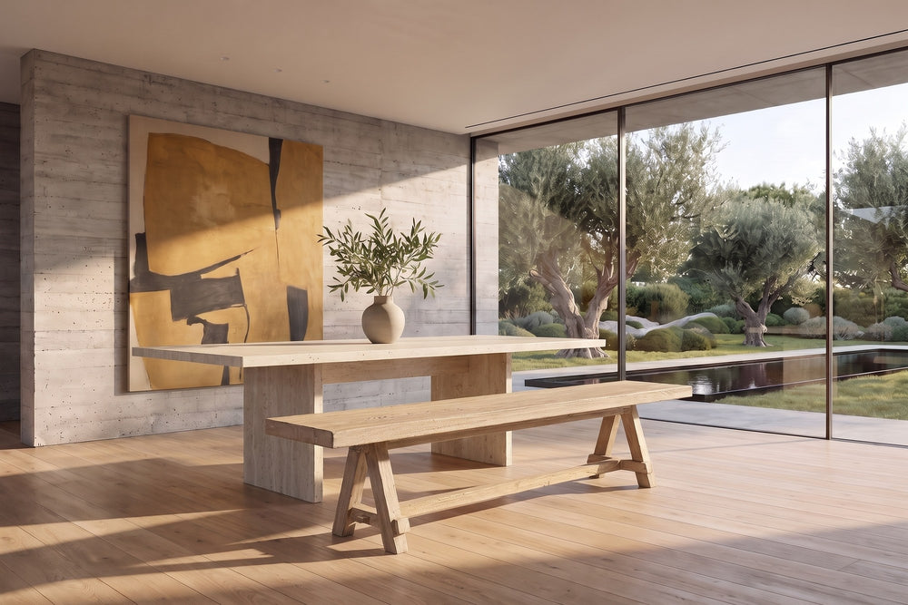 Magisano 72-Inch Reclaimed Elm Trestle Dining Bench in a sunlit villa dining room