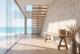 Magisano 72-Inch Reclaimed Elm Trestle Dining Bench in an oceanfront glass house